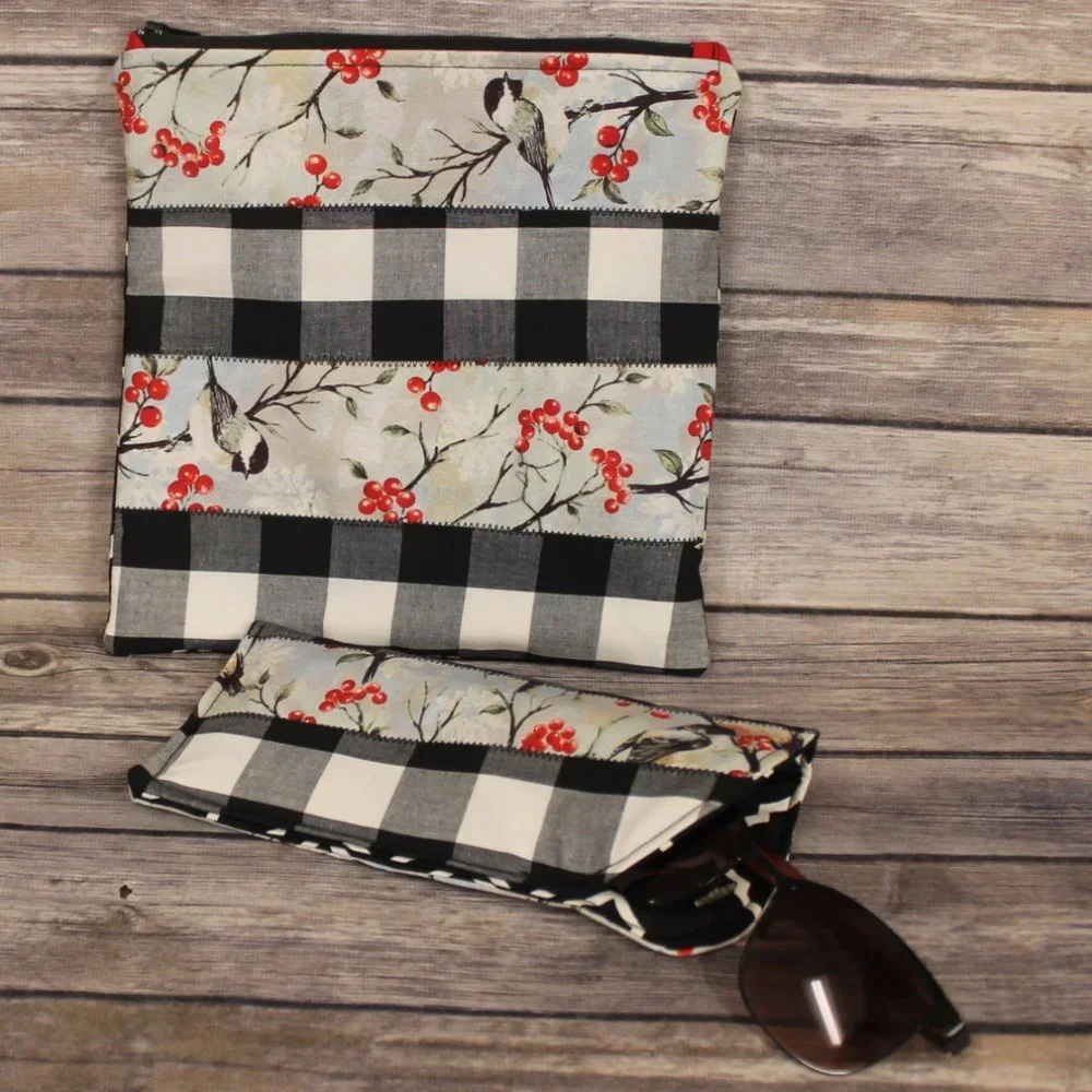 Robin Printed Black & White Buffalo Check Berries Zippered Pouch & Sunglass Case